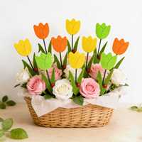Piquet de jardin en bois en forme de tulipe avec pot de fleurs, décoration de printemps, accent coccinelle en feutre, pour jardin et patio, 28 cm