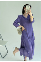 Robe plissée style Miyake pour femme, élégante, col en V, manches longues, robe maxi avec franges diagonales, tenue de style designer