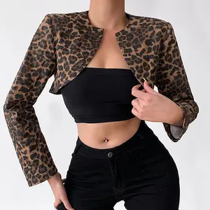 Женская одежда с длинным рукавом с животными Леопардовый принт Топ жакет-болеро, сатиновая юбка-американка с открытым укороченный жакет-болеро