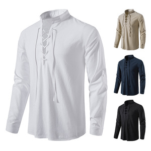 <span class=keywords><strong>Camisa</strong></span> Henley de Manga Larga de <span class=keywords><strong>Lino</strong></span> y Algodón para Hombre 2025, Estilo Hippie Casual de Playa con Cuello Alto, Nueva Llegada en <span class=keywords><strong>Amazon</strong></span>, Talla Europea - Product Image 2