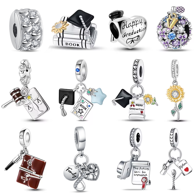 925 Sterling Silver Graduation Season Series Owl Bachelor's Hat Zircon Charms Beads Fit 3mm Original Bracelets DIY Jewelry