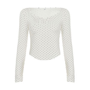 Camiseta de Punto con Cuello en V y Bloques de Color con Diseño de Puntos - Top Básico de Manga Larga, Ajustado, Transpirable y Ecológico - Product Image 6