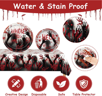 Kit de Vaisselle Jetable pour Fête d'Halloween : Assiettes en Carton, Gobelets, Serviettes, Nappe, Fourchettes, Bannière Joyeux Halloween et Fournitures