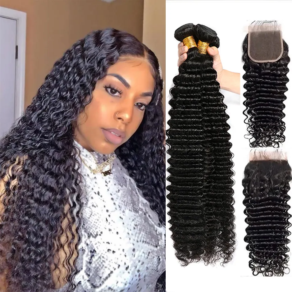 Deep Wave Brazilian hair braid bundle with close Curly braid 4x4 lace closure with human hair bundle 30 inch hair braid