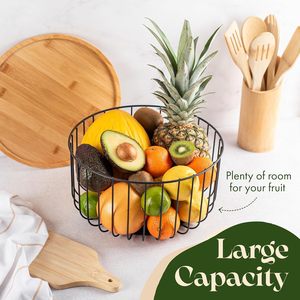 Three Piece Iron And Bamboo Fruit <b>Basket</b> Set Round Stackable Kitchen <b>Storage</b> With Lid <b>Large</b> Capacity For Fruits Vegetables - Product Image 2