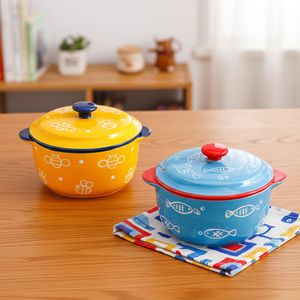 ชามเซรามิกเคลือบเงาแบบมีหูจับสองข้างสำหรับใส่ไข่ตุ๋น/ข้าว พร้อมฝาปิด ใช้กับไมโครเวฟได้ ดีไซน์น่ารักสำหรับเด็ก - Product Image 1