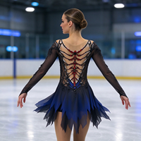 Robe de patinage artistique pour enfants et adultes, noire, bleue, rouge, en maille, à manches longues, avec strass et motif toile d'araignée au dos, pour compétition et spectacle