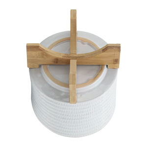 Vaso in ceramica con supporto in legno, fioriera moderna testurizzata per decorazioni da giardino, patio e casa - Product Image 5