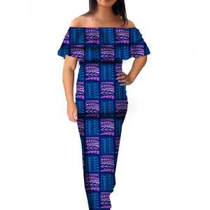 Ropa tribal Polinesia patrón de tatuaje azul oscuro estampado vestido Floral personalizado volantes de talla grande vestido largo isla al por mayor - Product Image 1