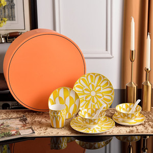 Luxury Bohemian Retro Yellow <b>Ceramic</b> Tableware <b>Sets</b> Food Storage Containers and Crockery for Holidays - Product Image 1