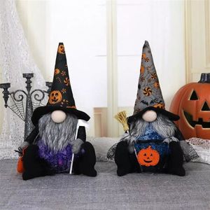 Ensemble de 2 gnomes en peluche lumineux pour Halloween, taille pint, noirs et blancs, elfes sorciers pour une décoration de table effrayante - Product Image 3