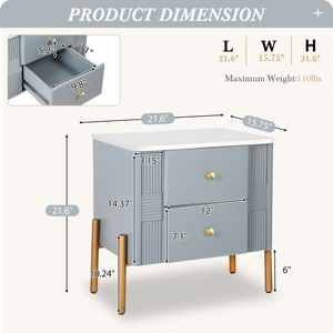 Modern Nightstand With 2 Drawers Fluted Design Golden Metal Handles And Legs <b>Bedside</b> <b>Table</b> For Bedroom And Living Room - Product Image 2
