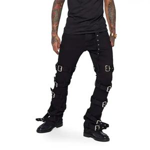 Nuevos Pantalones de Mezclilla para Hombre al por Mayor, Diseño Apilado, con Botones y Correas, Estilo Cargo, Ajustados, de Pierna Ancha, Negros - Product Image 2