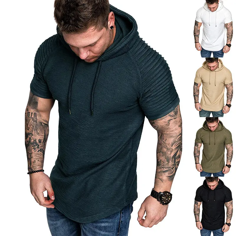 New American style Men Bamboo grain solid hooded fashion t shirt for fit popular in gym room with high quality