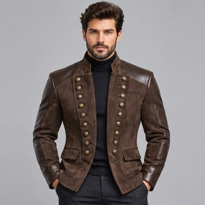 Veste en cuir marron pour homme, col montant, style vintage - Product Image 1