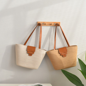 Woven Tote Bag Cotton Yarn Khaki Off White Horizontal <b>Square</b> Normcore Minimalist Everyday Use - Product Image 2