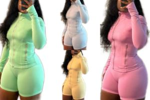 Vêtements pour femmes ensemble de shorts vert Nylon or veste à glissière Shorts <span class=keywords><strong>Yoga</strong></span> Gym Fitness Wear 2 pièces ensemble femmes survêtements été - Product Image 3