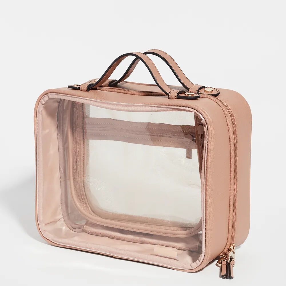 Özel pembe çift fermuarlı deri alüminyum kozmetik seyahat çantası PVC cep ile büyük şeffaf kozmetik çantaları seyahat için