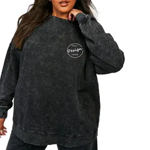 Wholesale Custom Logo French Terry Plain Vintage Sweatshirt Crew Neck Oversized Distressed Stone Acid Wash Sweatshirt For Women
