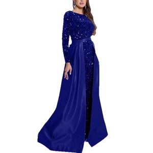 Evening Gown Long Sleeve O-Neck <b>Sequined</b> Asymmetric Maxi Dress For Banquet Party Host Queen Aura - Product Image 5