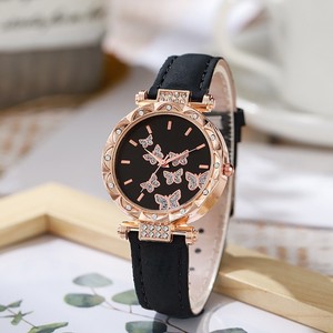 <span class=keywords><strong>Montre</strong></span> de luxe pour femmes avec bague en papillon et diamant bon marché <span class=keywords><strong>Montre</strong></span> pour femmes décontractée noire à la mode avec bracelet en cuir - Product Image 4
