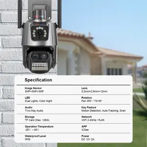 Kamera keamanan CCTV luar ruangan, kamera jaringan IP pengawasan HD Zoom 8X WiFi PTZ nirkabel layar ganda 3 lensa 4K 9MP