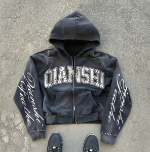 Fabricants de sweats à capuche Vintage Heavyweight Double Zip personnalisés sweat à capuche surdimensionné délavé à l'acide printemps Boxy strass sweats à capuche zippés - Product Image 2