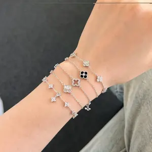 Custom High Quality 925 Sterling Silver Jewelry Exquisite Inlay Diamond Zircon Lucky 4 Leaf Clover Charm Bracelet For Women