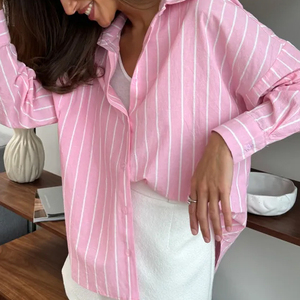 Nuova Collezione Primavera: Camicie da <span class=keywords><strong>Donna</strong></span> alla Moda, Vestibilità Ampia, Spalle Scivolate, Maniche Lunghe, a Righe, Traspiranti in <span class=keywords><strong>Lino</strong></span>-Cotone, per Lavoro e Uso Quotidiano - Product Image 5