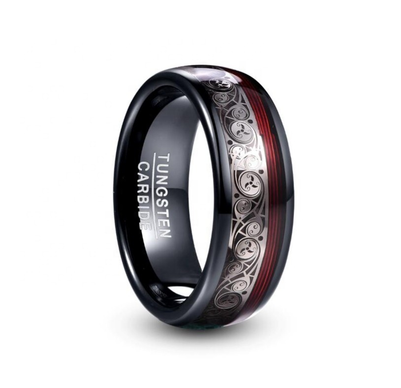 Alta qualidade Novo design Chapeamento Preto Inlay Triplo Padrão Espiral + Red Guitar String Tungsten Carbide Ring