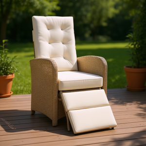 Chaise de patio inclinable en polyrotin avec repose-pieds beige, chaise de jardin d'extérieur au design contemporain, siège rembourré - Product Image 2