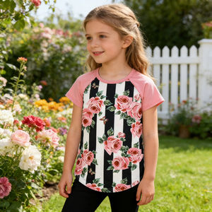 Camisetas de Manga Corta Raglán con Estampados Florales Personalizados al por Mayor para Niñas, Tela de Seda de Leche, Ropa para Bebés y Niños Pequeños - Product Image 4