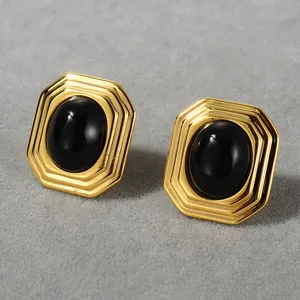 2023 New Arrival Fashion Jewelry Vintage minimalist copper plated 18k genuine gold earring geometric black agate square earrings