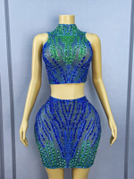 Novance Y5663 Ensemble deux pièces dos nu perlé bleu-vert avec strass, tenue de soirée sexy pour femme, débardeur court