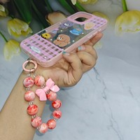 Étui de téléphone portable adorable pour iPhone 11 12 13 14 15 16 17 Pro Max Air, pochettes roses avec bracelet chaîne à perles
