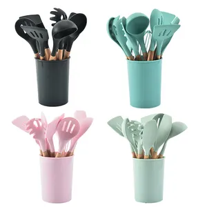 Factory custom wooden cooking tools silicone kitchen utensils sets for kitchen