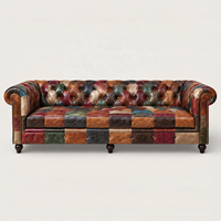 Canapé Chesterfield carré traditionnel en cuir véritable patchwork vintage, fait main, capitonné, une place, meubles de salon sur mesure