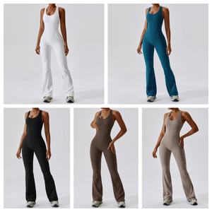 Combinaison de yoga une pièce décontractée avec logo personnalisé, dos évidé, jambe large évasée, pour la gym et le fitness - Product Image 3