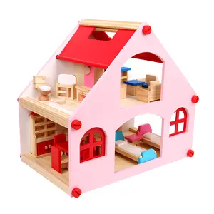 COMMIKI Wooden Doll House For Girls Happy Family Baby Miniature Doll House Furniture Simple Wood Doll House