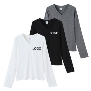 Camisetas Casuales de Algodón de 230 g/m² al por Mayor, Camisetas Lisas con Cuello en V y Estampado Personalizado, Camisetas de Manga Larga para Mujer - Product Image 1