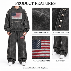 Ensemble de survêtement gris foncé à capuche pour homme avec imprimé drapeau américain et clous, style streetwear, coupe ample, sweat-shirt et pantalon pleine longueur - Product Image 5