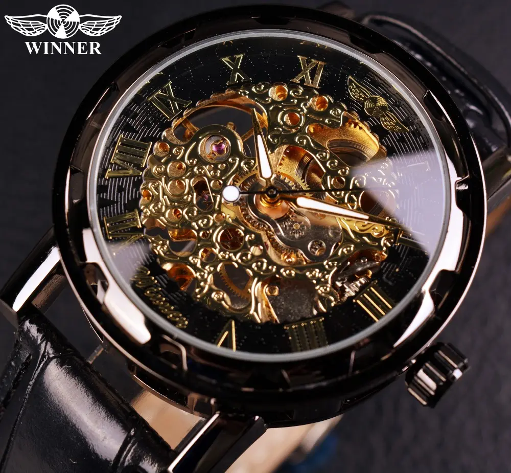 Winner Black Gold Male Clock Men Skeleton Mens Watches Top Brand Luxury Montre Leather Wristwatch Men Mechanical Watch