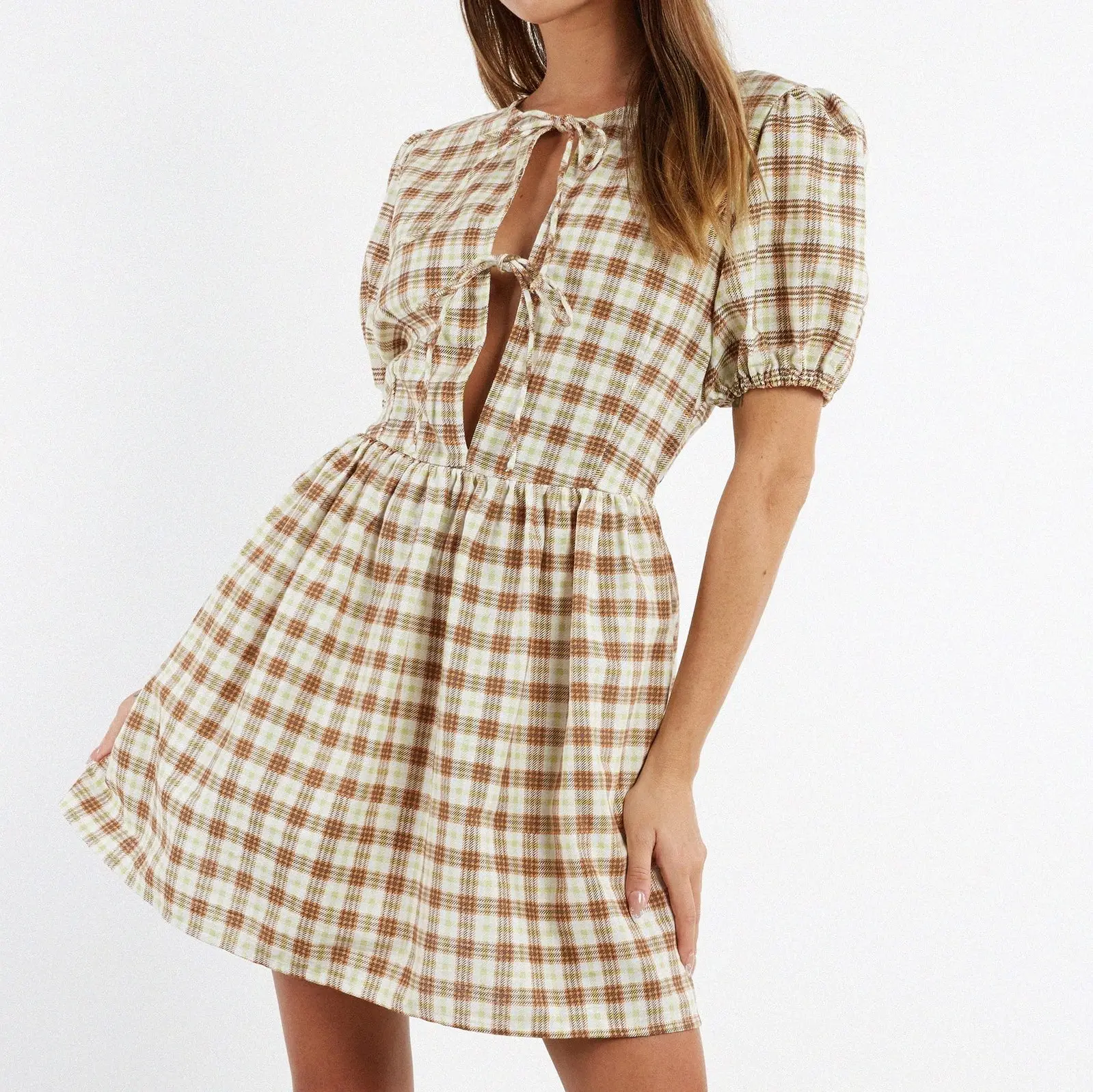 Custom Mini Dress In Yellow Brown Cute Check Print Capped Sleeves Scooped High Neckline Mini Smock Fit Dress For Women