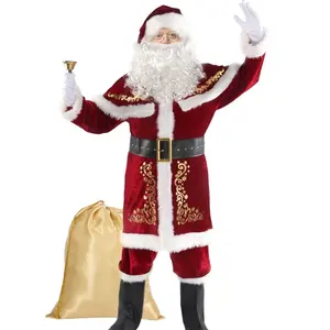 12PCS Men's Christmas Costume Men's Santa Claus Costume Xmas Suit Hat Shawl Top Pants Belt Boots Mitten Beard Wig Set