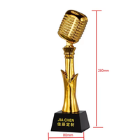 Trophée en résine métallique dorée, argentée et cuivrée en forme de microphone, avec cristaux, pour concours de chant et de musique