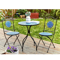 Ensemble de salle à manger d'extérieur moderne pliable en fer pour balcon d'appartement, motif mosaïque noir/bleu, 2 chaises, 1 table