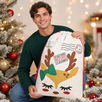 Sac de Noël personnalisé en toile avec cordon de serrage, motif renne, pour livraison spéciale de Noël, grand sac cadeau réutilisable pour les fêtes de fin d'année