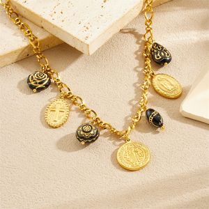 European American Style Gold Black Charm Necklace <b>Bracelet</b> <b>Set</b> Women's Everyday Wear Cross Camellia Pattern Fine Jewelry - Product Image 2