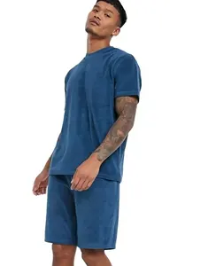 KY毛巾圆领t恤短袖搭配男士短裤2件套蓝色成人衬衫和男士短裤套装