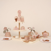 Service à thé en bois crème pêche, théière rose, vase à fleurs, pots à sucre, biscuits, sachets de thé citron, poignées en forme de tulipe, marque UBM, jouet pour enfants 3+